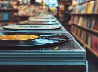 Close-up of vinyl records at a record show